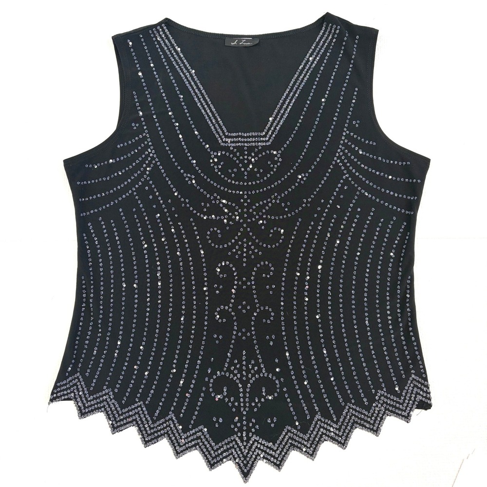 y2k S. Levine Vintage Tank whimsi Beaded Sequin Embellished Large Black fairy
